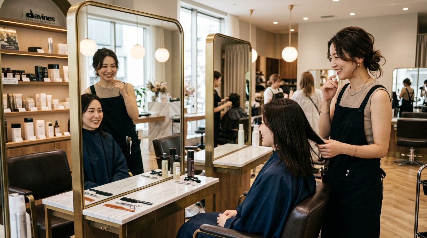 お客様とヘアスタイルの相談をする30代女性美容師