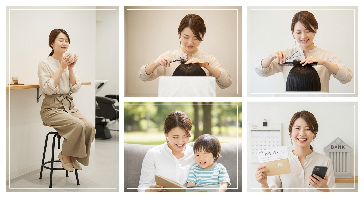 仕事と家庭を両立する女性美容師の4つのシーン。休暇・育児・技術・収入のすべてを大切にする働き方を表現