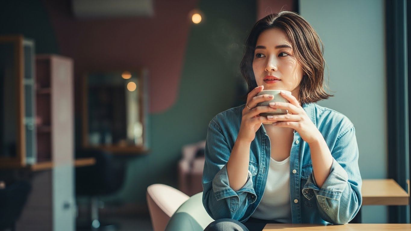 コーヒーカップを手に窓の外を眺め、物思いにふける日本人女性美容師。未来への期待と少しの不安が入り混じる表情