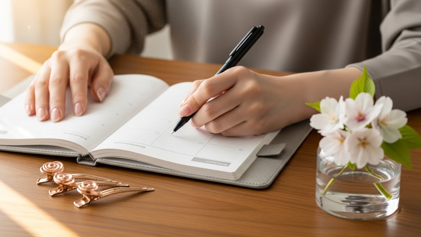 スタイリッシュな手帳にペンで書き込みをする日本人女性の手元。美容師の道具と花が添えられ、落ち着いた計画的な雰囲気