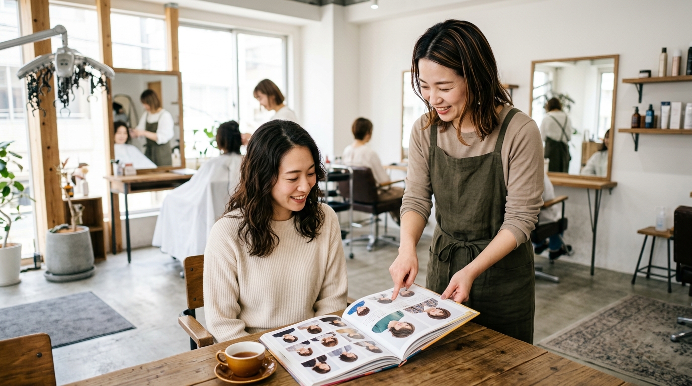 お客様にヘアスタイルを提案する30代女性美容師