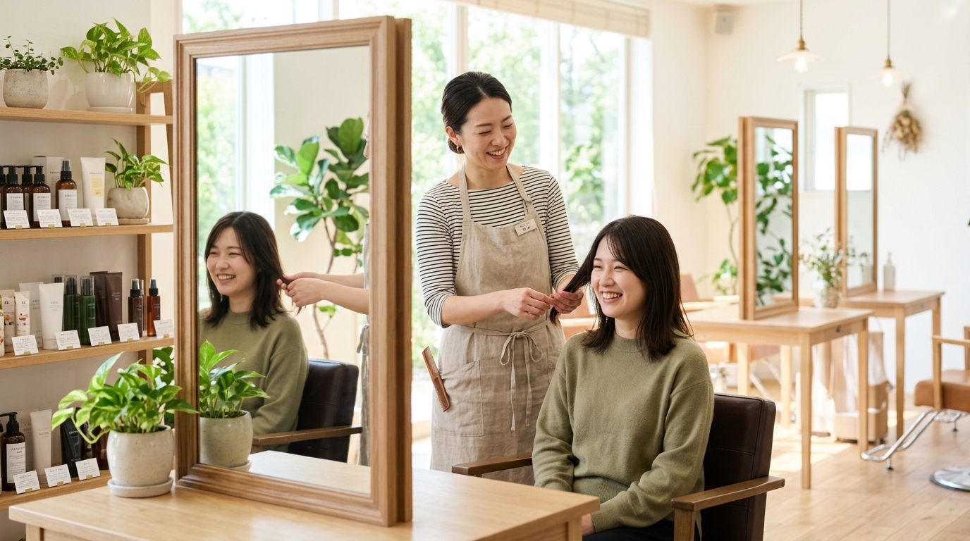 明るい美容室で笑顔で接客する日本人女性美容師。ワークライフバランスを意識した働き方のイメージ。