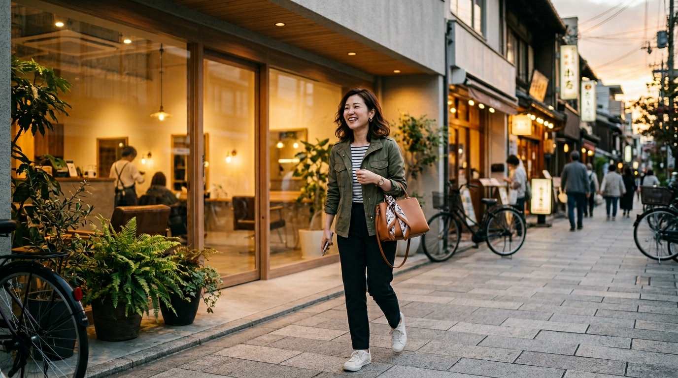 美容室の仕事終わりに笑顔で帰宅する30代女性美容師