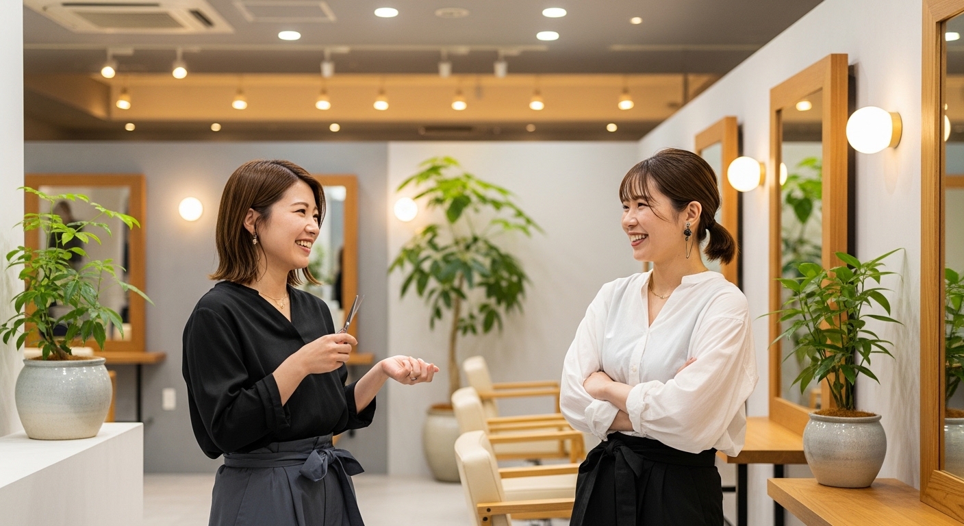 30代女性美容師同士が穏やかに会話する上質な美容室の様子