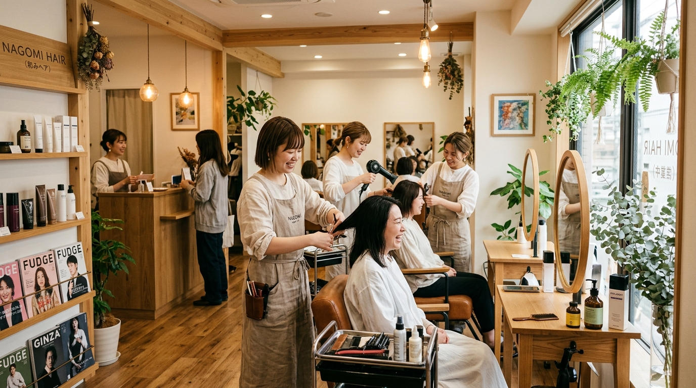 温かみのある地域密着型の美容室外観。安心して働ける環境を表現したイメージ画像。