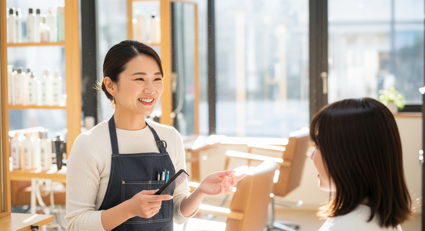 お客様と笑顔で会話する30代女性美容師。明るい美容室で、安定した働き方を実現している姿。