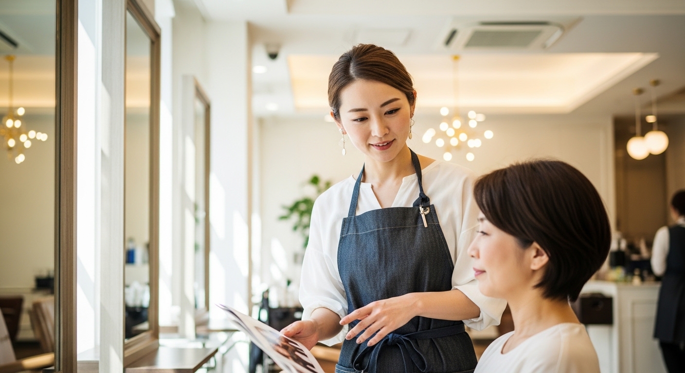 落ち着いた美容室で大人女性客にカウンセリングする30代女性美容師