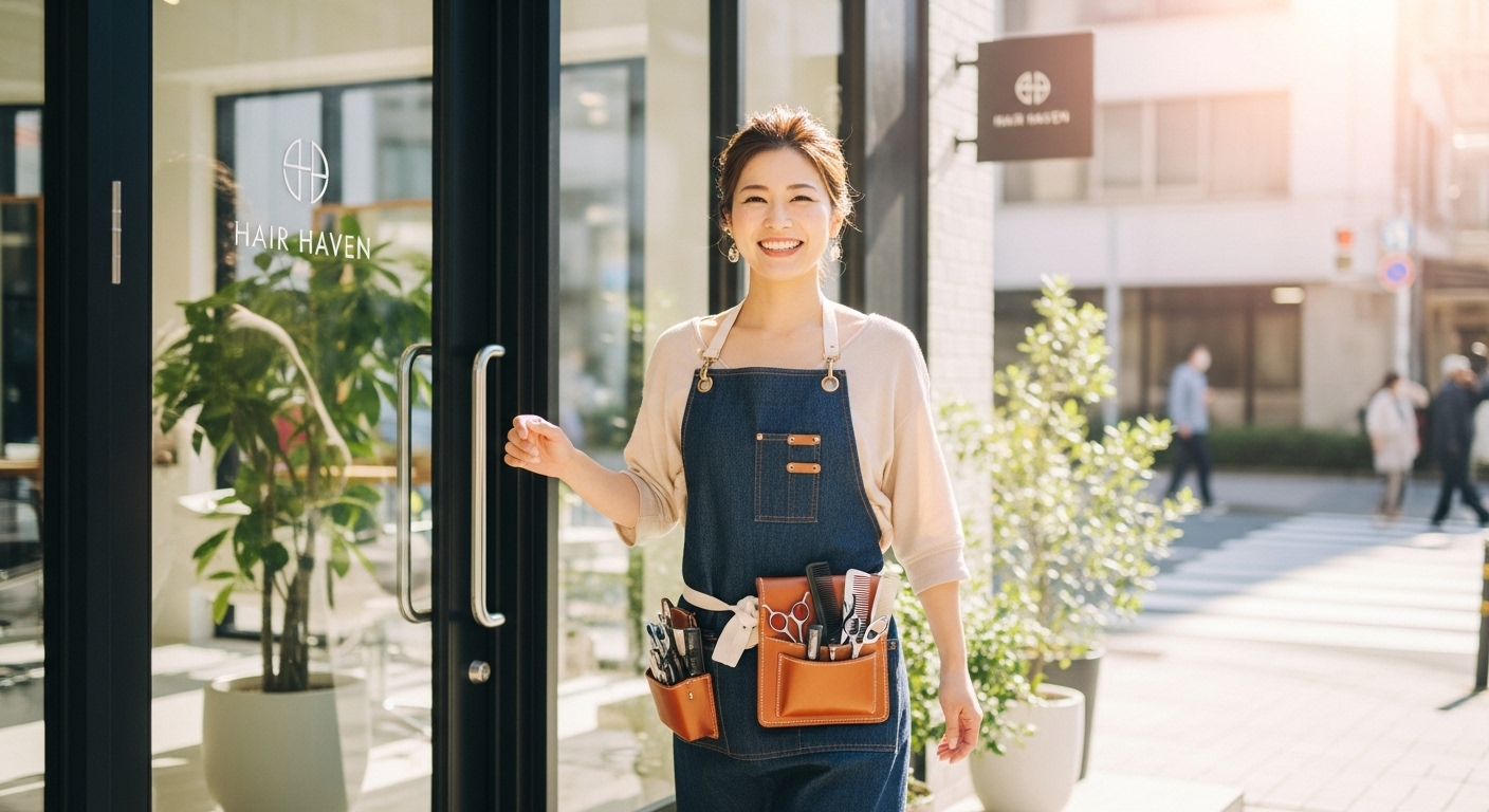美容室を後にして笑顔で歩き出す30代女性美容師。安定と報酬を両立し、新しいキャリアを踏み出す姿。