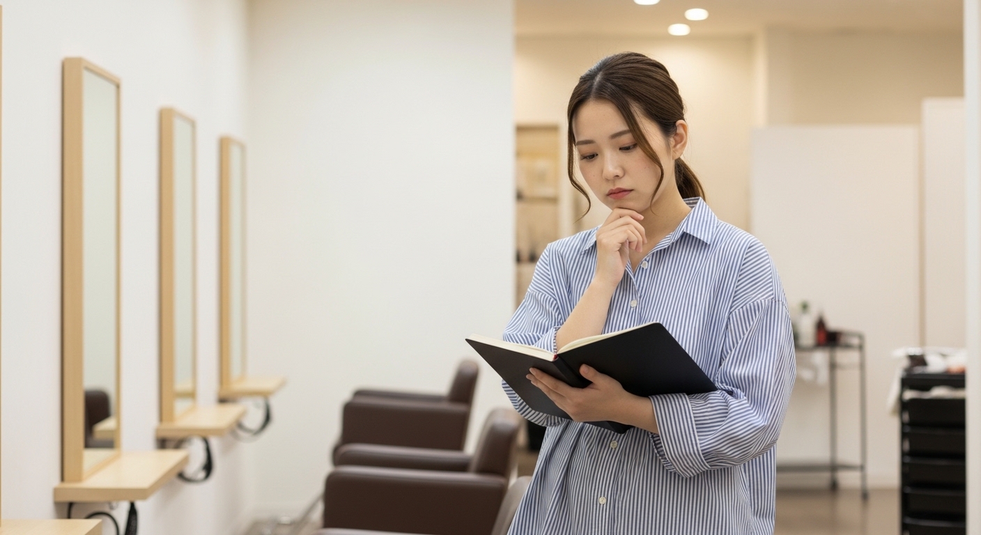 将来の年収に不安を感じる30代女性美容師の仕事風景