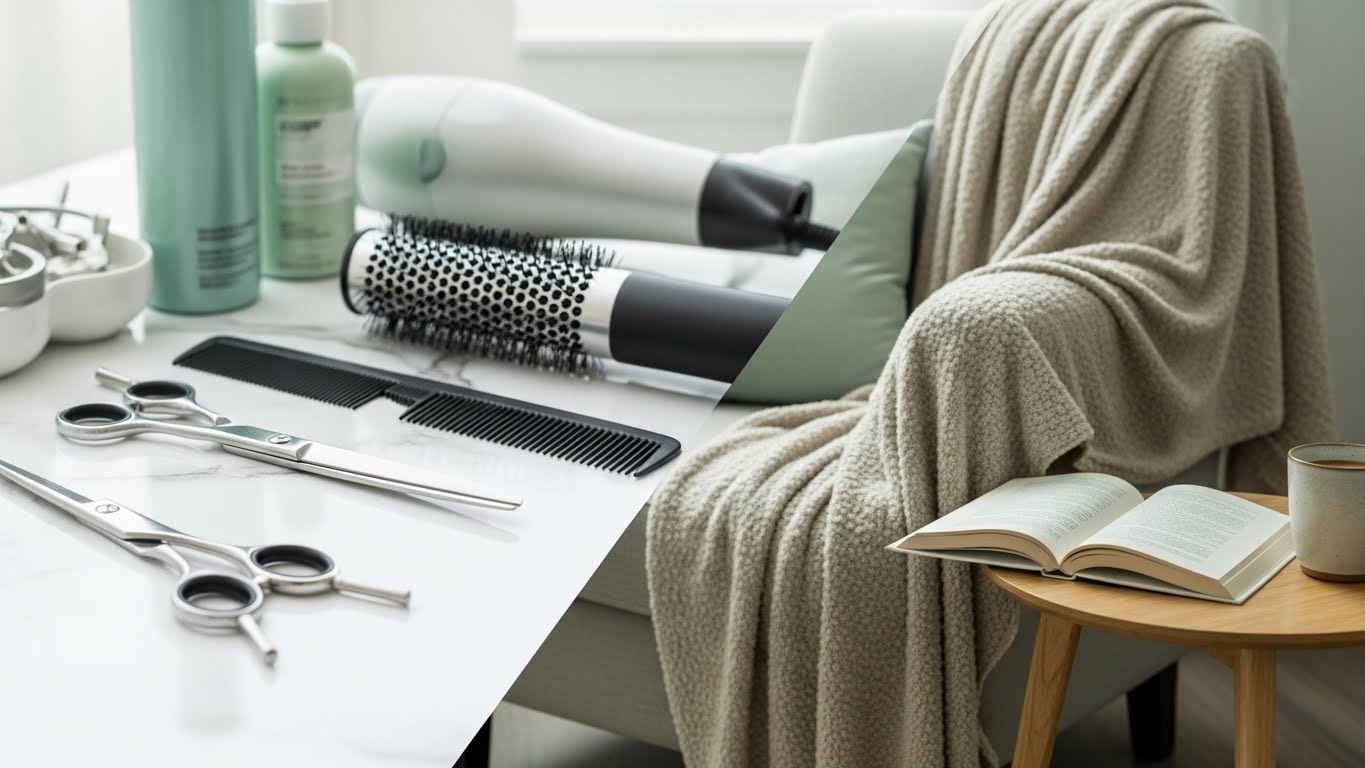 左側には美容室のハサミやコーム、右側には自宅のソファと本が写るコンセプチュアルな画像。仕事とプライベートのバランスが取れたライフスタイルを表現。