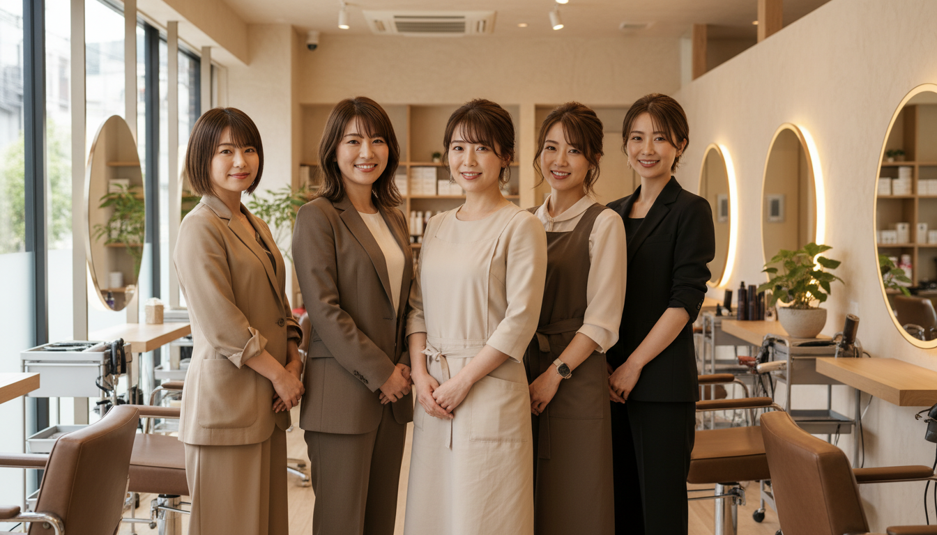 落ち着いた雰囲気のサロンで並ぶ女性スタッフ。株式会社ideaの働きやすい環境を表すイメージ。