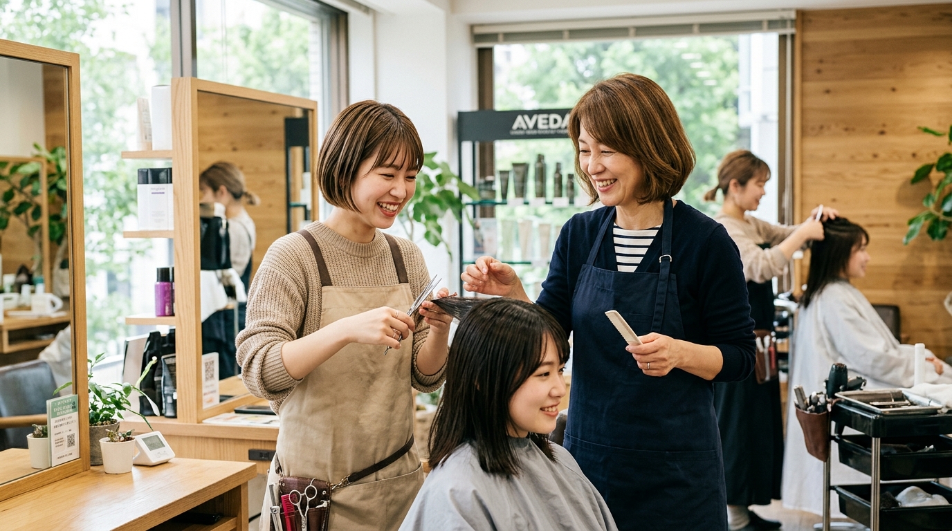 後輩に技術を教える日本人女性美容師。経験を活かして成長できる環境を表現したイメージ。