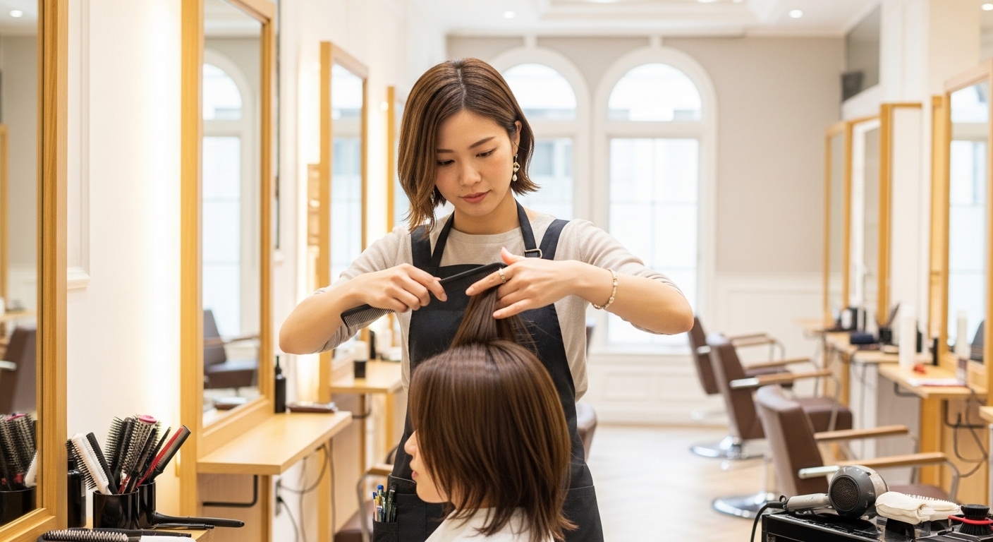集中してスタイリングを行う30代女性美容師の姿