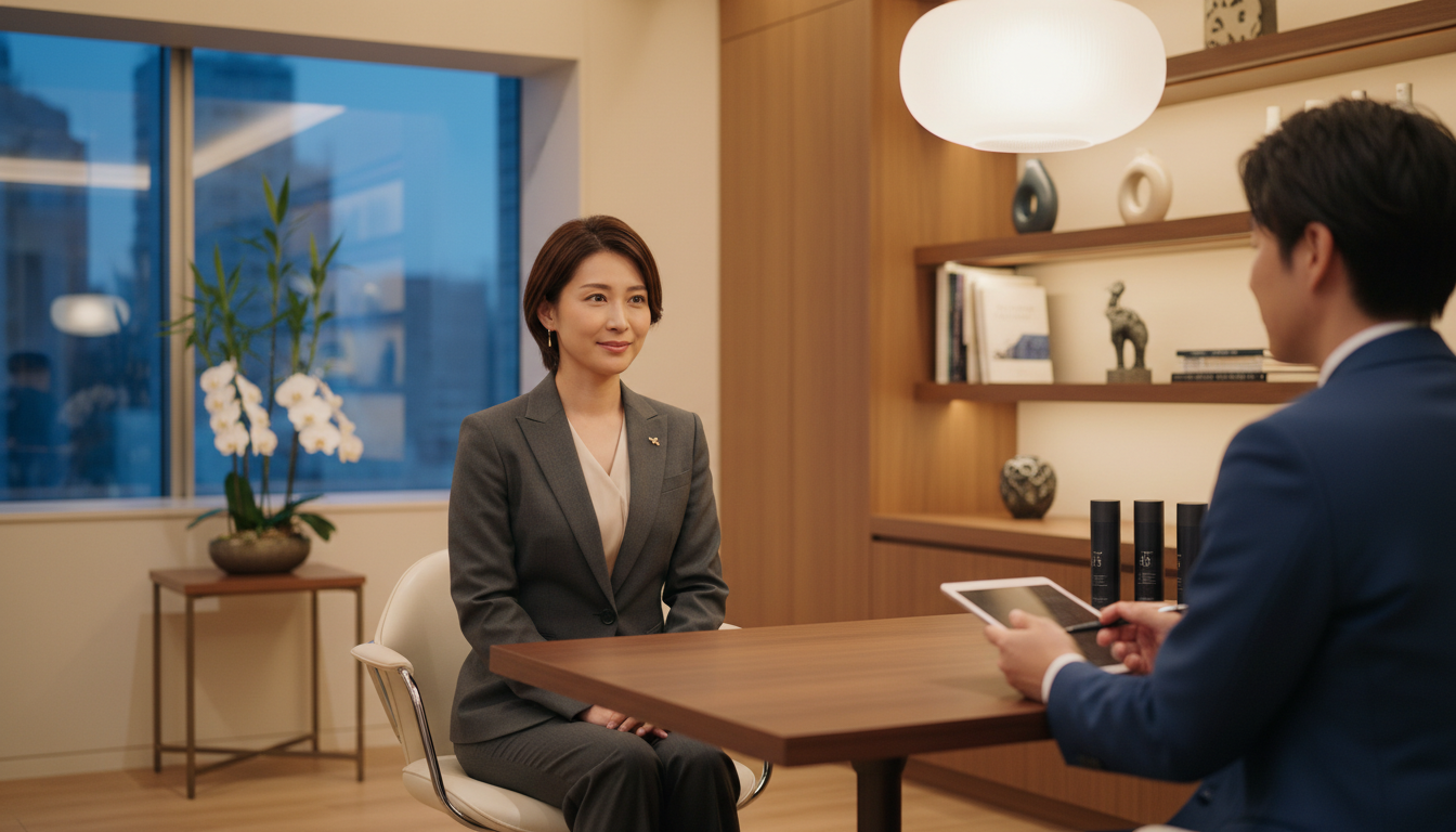 美容室で面接を受ける30代女性美容師の様子。面接対策を象徴するシーン。