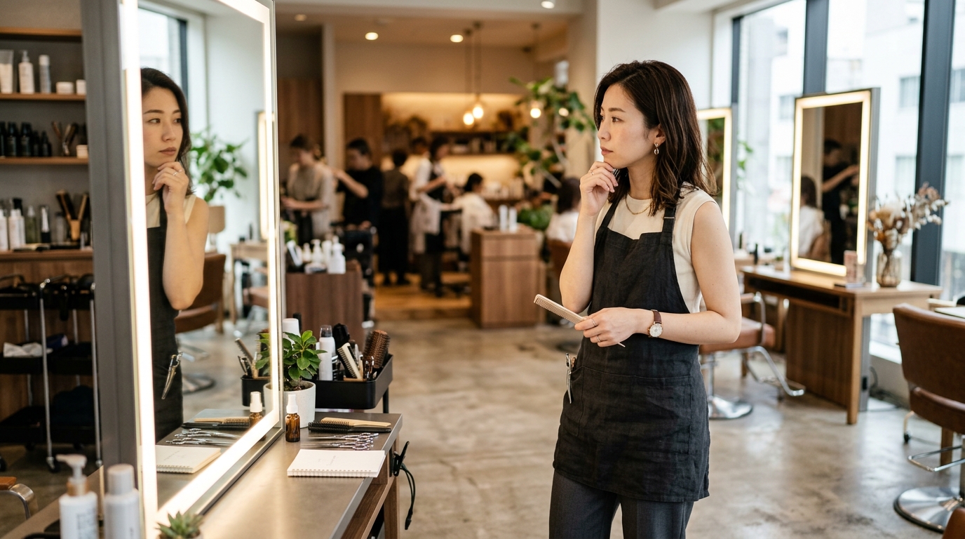 30代女性美容師が美容室で将来の働き方を考えている様子