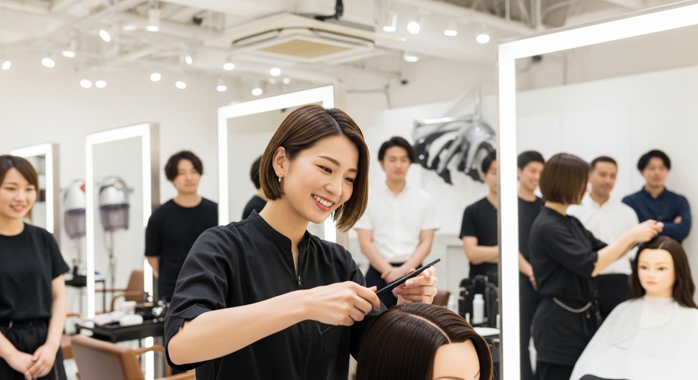 新しい技術を学ぶ30代の女性美容師。研修や仲間との交流を通じて成長を続ける姿。