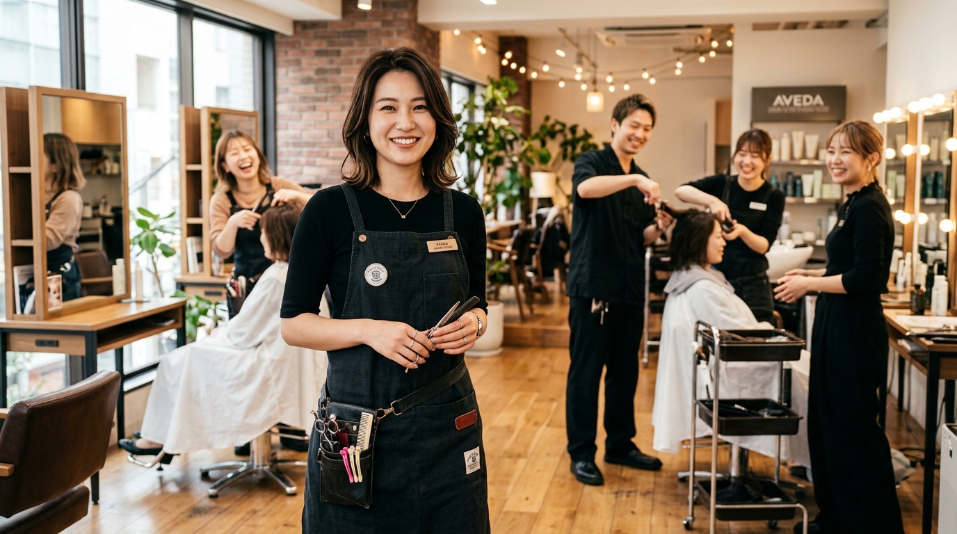 明るい美容室で笑顔のスタッフと立つ女性美容師