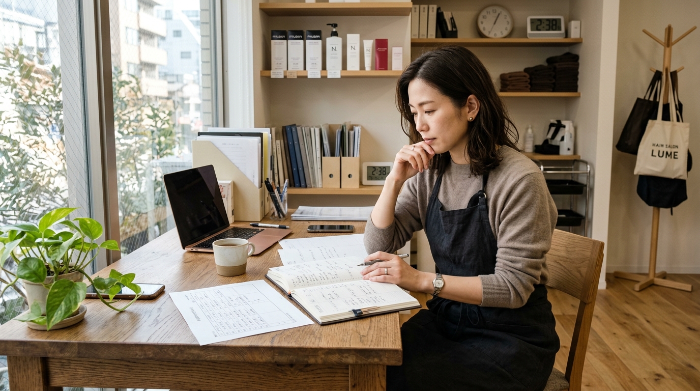 スケジュール帳を見ながら悩む日本人女性美容師の様子。美容師の休みが少ない理由を表現したイメージ画