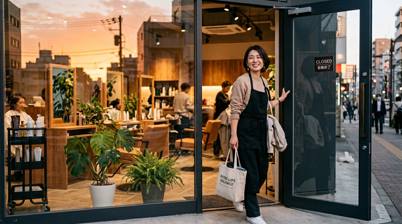 仕事終わりに笑顔で帰宅する女性美容師