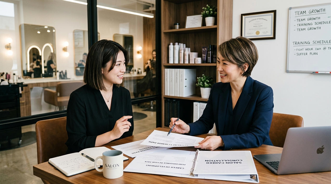 美容室で転職相談をする女性美容師とサロンマネージャー