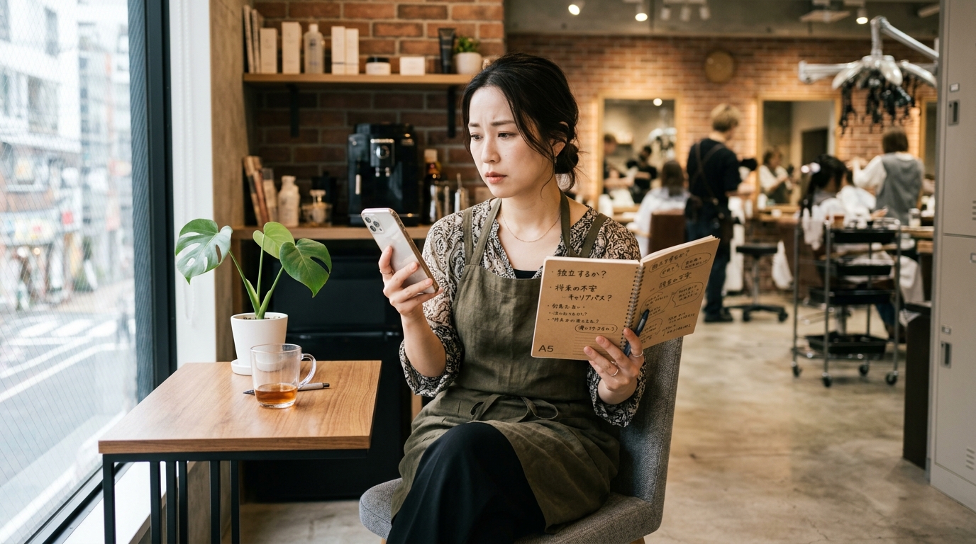 美容室の休憩スペースで転職について悩む30代女性美容師