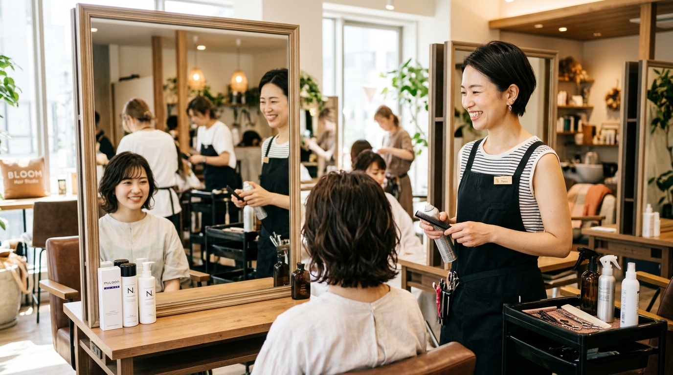 施術後に満足そうな表情の女性美容師