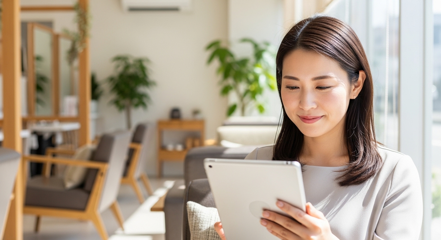 自分向けに書かれていると感じて求人票を読む30代女性美容師