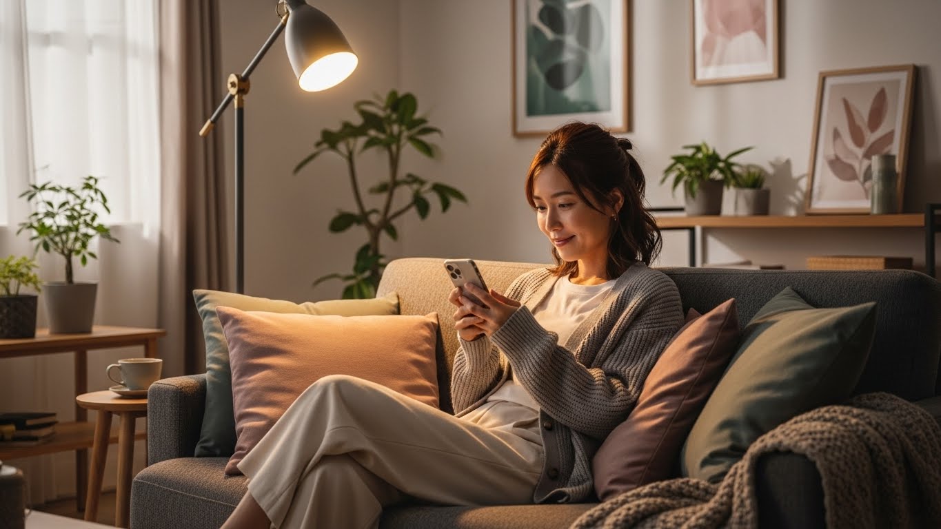 自宅のソファでスマートフォンを見ながらリラックスする日本人女性。温かい照明の下、落ち着いた雰囲気で将来について情報収集している様子。