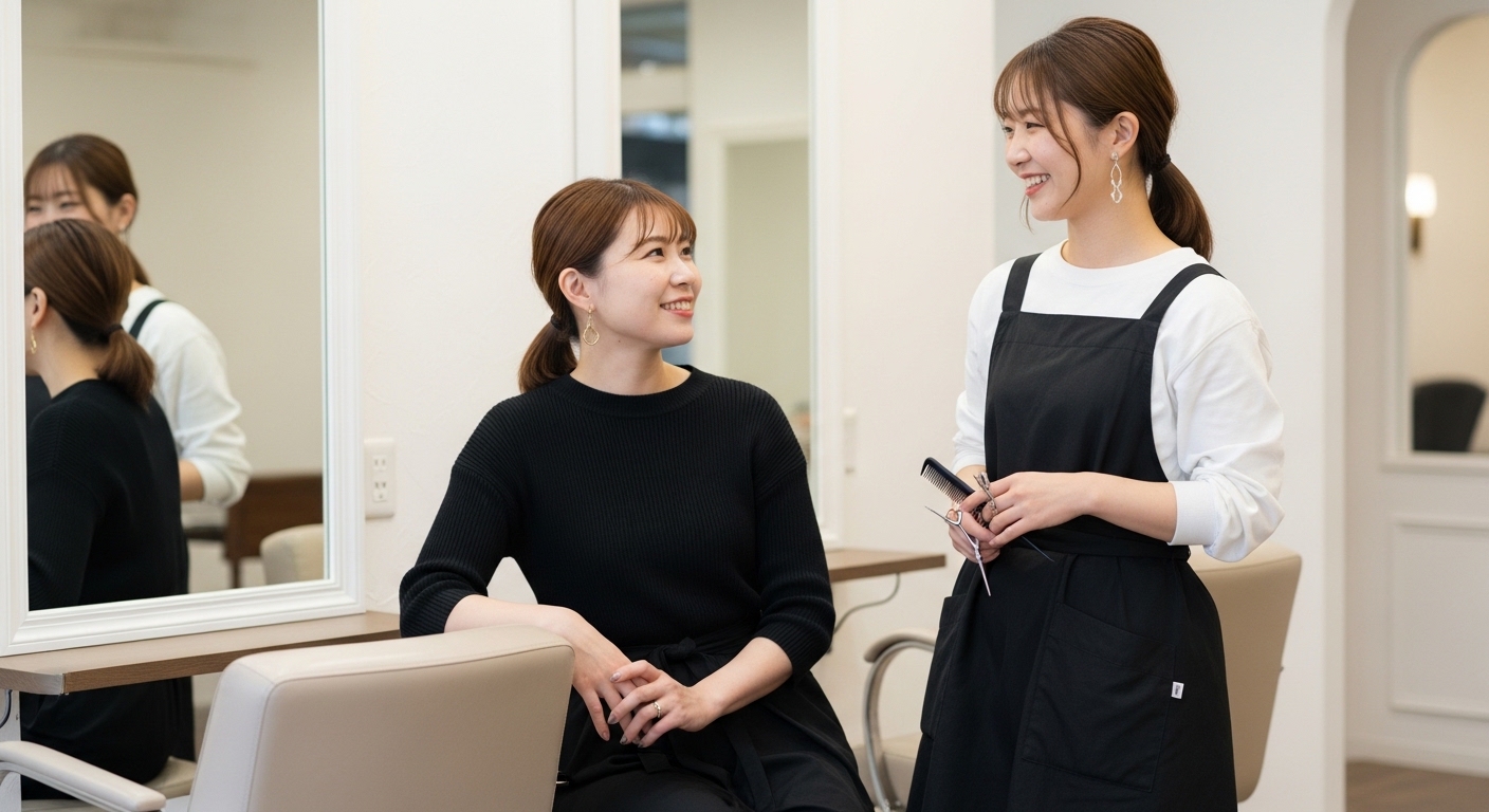 30代女性美容師同士が穏やかに会話する上質な美容室の雰囲気