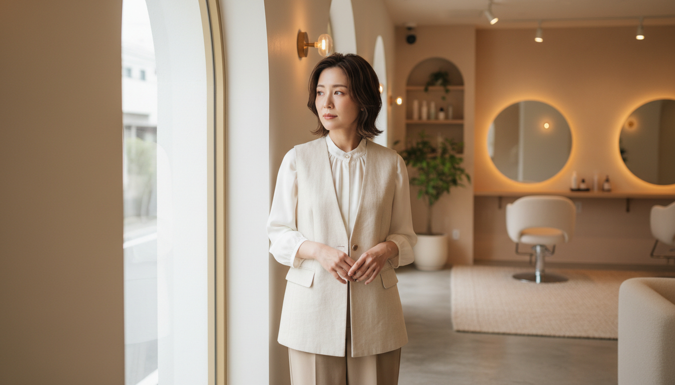 サロンの窓辺で落ち着いた表情を見せる30代女性美容師。美容師転職を考える心境を表すイメージ。