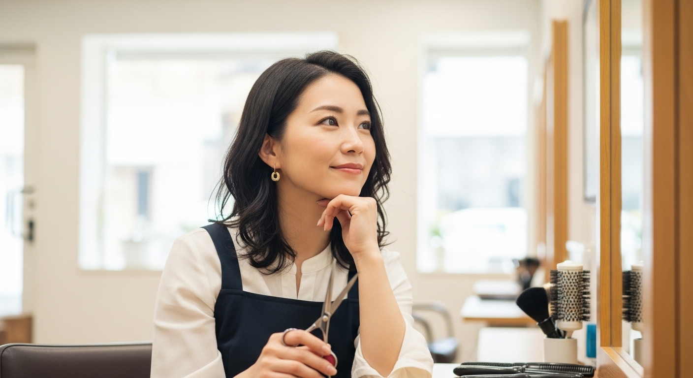 鏡の前で考え込む30代の女性美容師。転職や将来への不安を抱きながらも、前向きに次のステップを考えている様子。