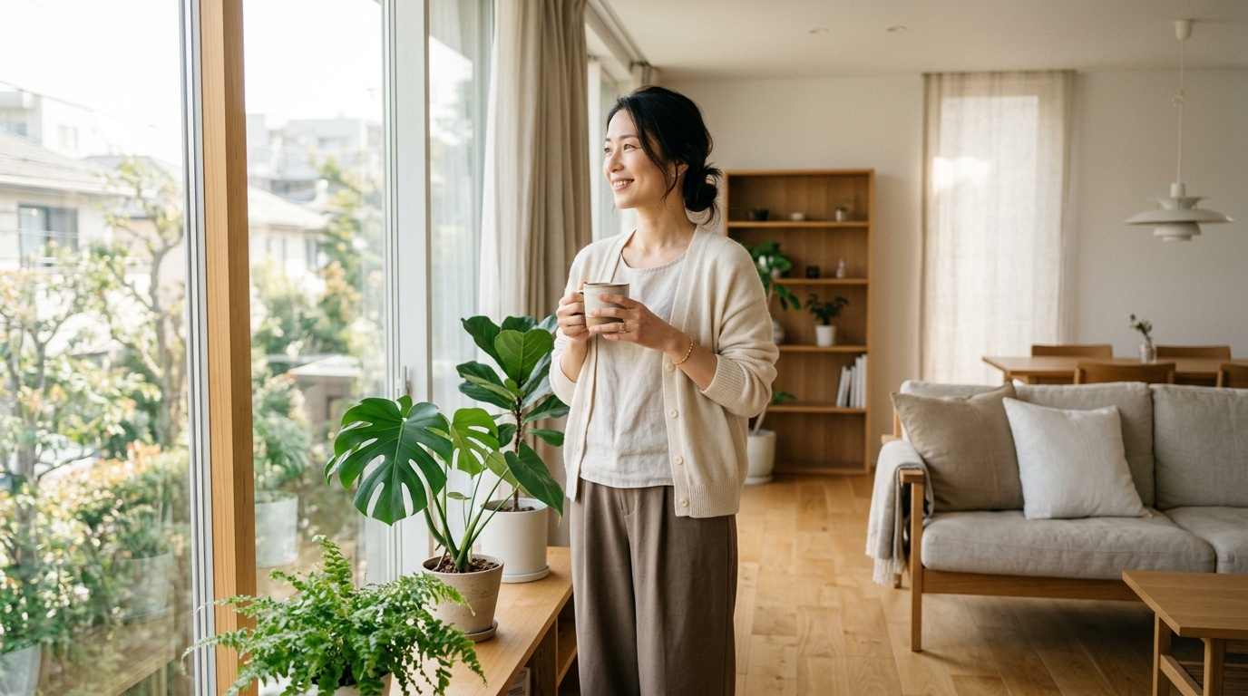 朝の光が差し込む部屋でリラックスした時間を過ごす40代女性の理想的な生活イメージ