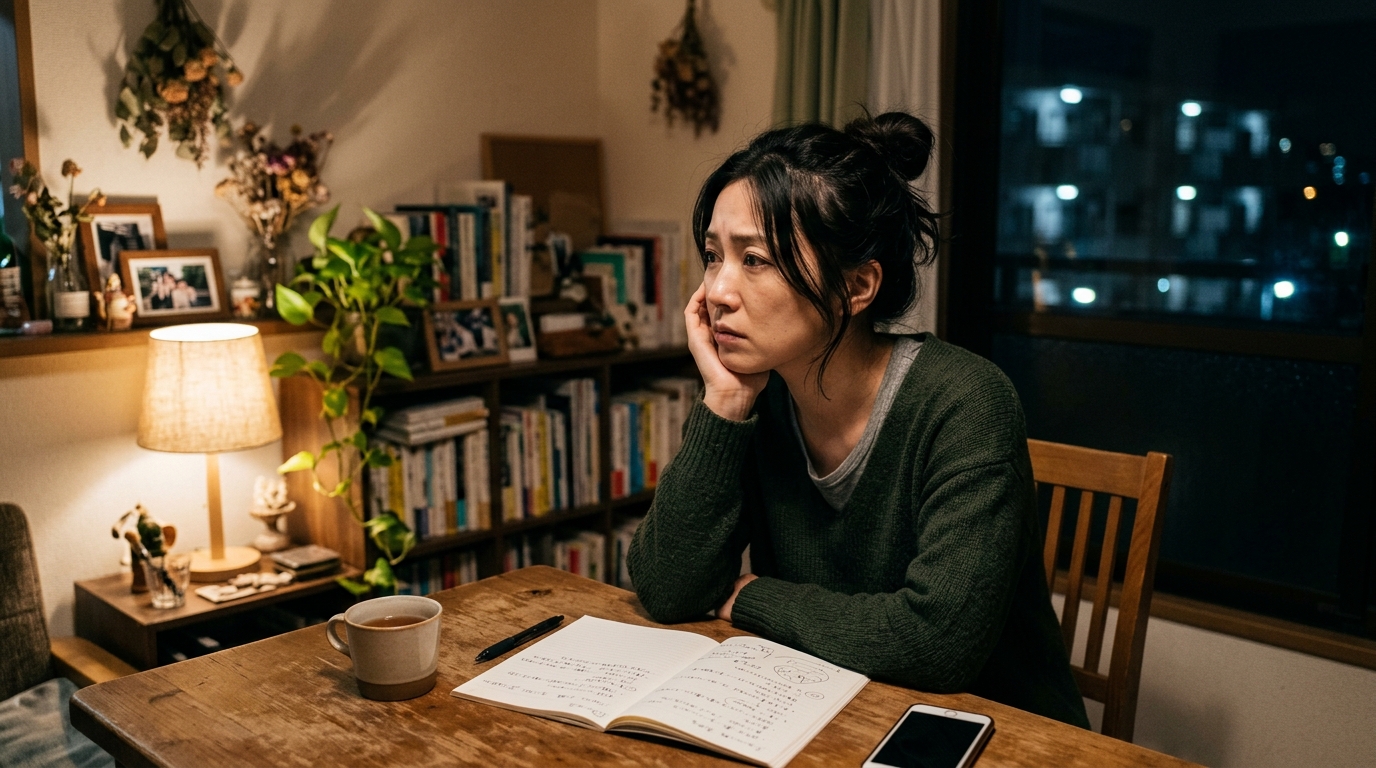 将来や働き方に悩む40代女性美容師が自宅で考え込んでいる様子