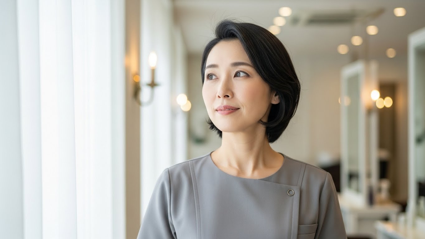 窓際で少し考え事をする、落ち着いた雰囲気の40代日本人女性美容師