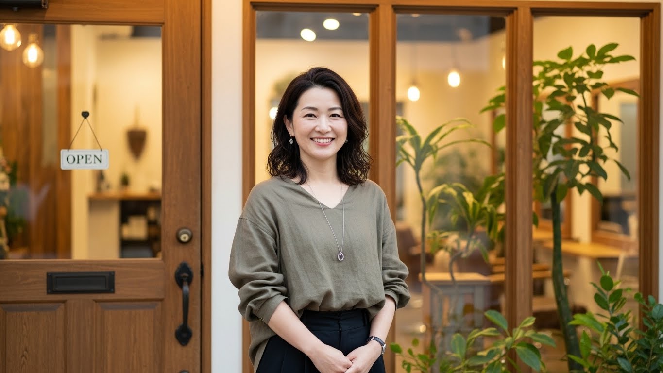 サロンの入り口で、前向きな表情でお客様を迎え入れる美容師