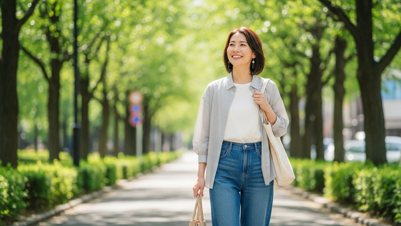 晴れた日の午後に、充実した表情で歩く大人の女性美容師