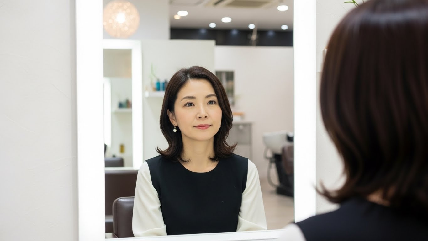 鏡越しに自分を見つめ、冷静に将来のキャリアを考える女性