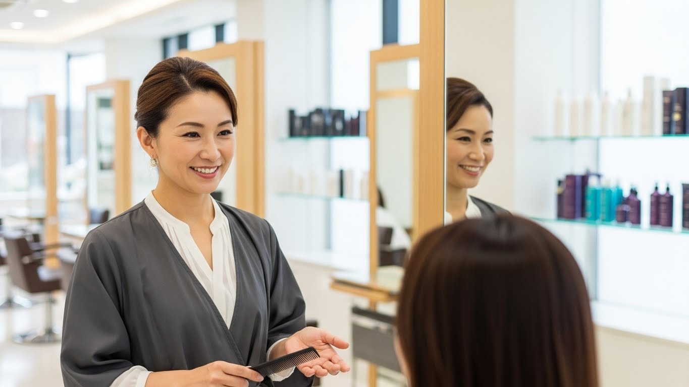 お客様に寄り添い、優しく微笑みながらカウンセリングを行う40代美容師